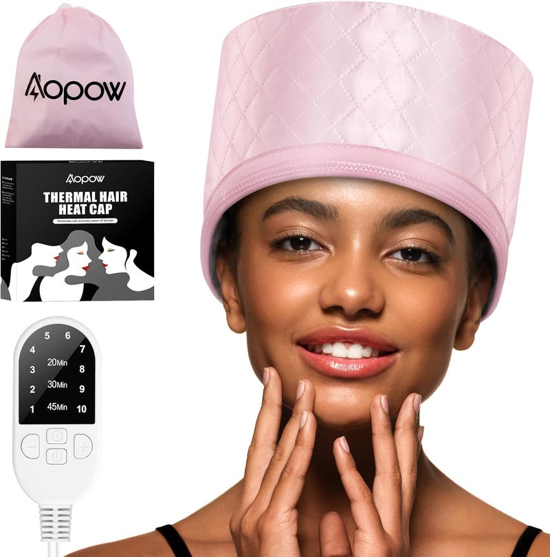 aopow Heat Cap for Deep Conditioning: 10-Level Heats Up Quickly 3 Time Settings Hair Steamer for Natural Hair Home Use Thermal Steam Cap for Black Hair Portable Heating Caps Pink - Image 1
